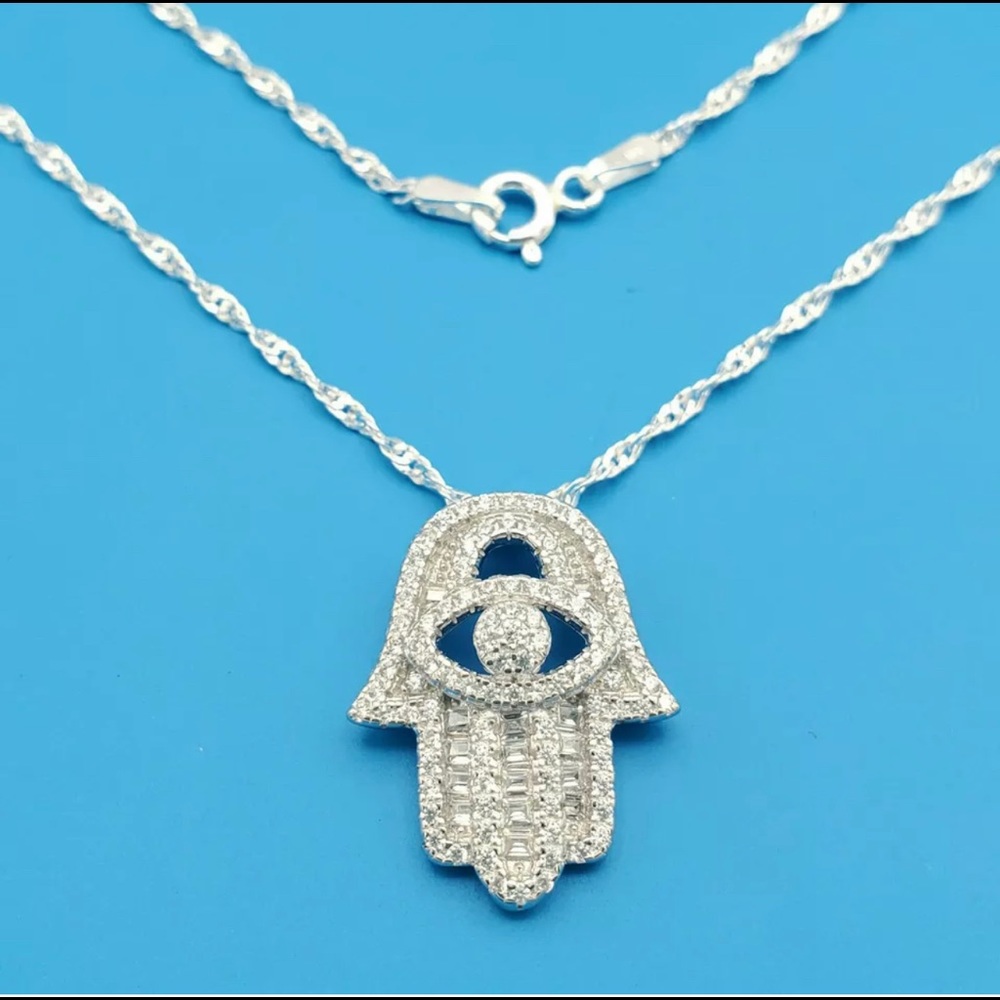 925 Sterling Silver ICY Baguette Hamsa Hand NEW !!